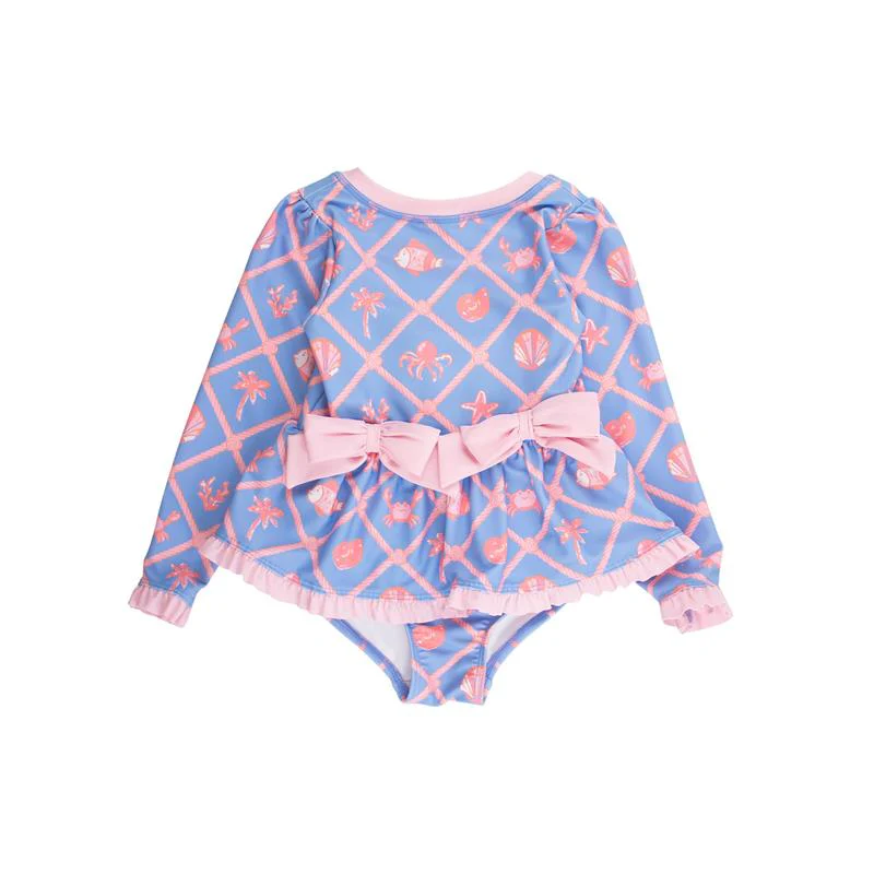 Rufflebutts Girls Tropical Trellis Long Sleeve One Piece Bow Peplum Rash Guard Swimsuit - Image 2