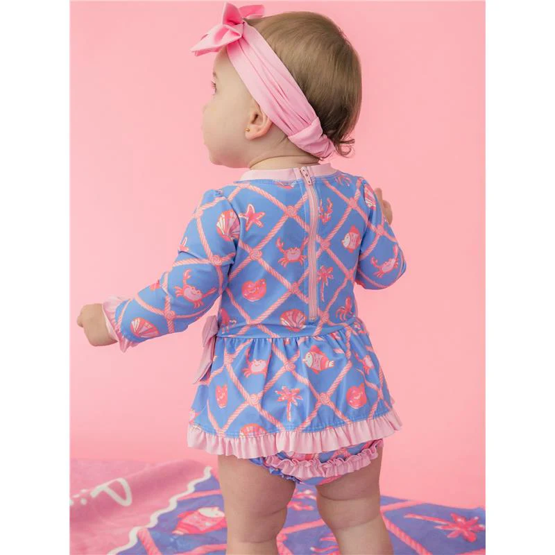 Rufflebutts Girls Tropical Trellis Long Sleeve One Piece Bow Peplum Rash Guard With Zipper - Image 3