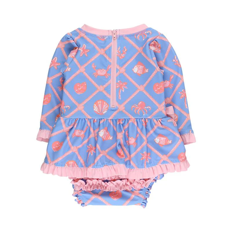 Rufflebutts Girls Tropical Trellis Long Sleeve One Piece Bow Peplum Rash Guard With Zipper - Image 4
