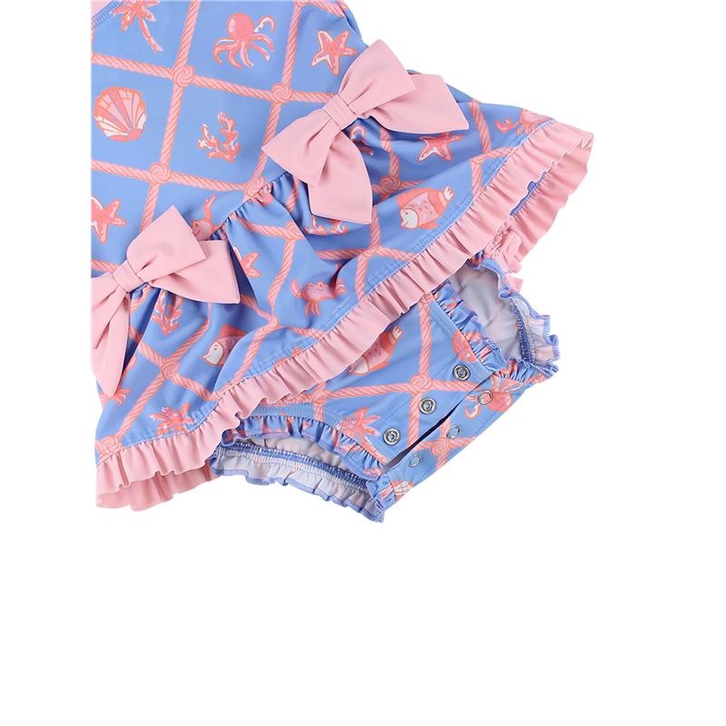 Rufflebutts Girls Tropical Trellis Long Sleeve One Piece Bow Peplum Rash Guard With Zipper - Image 5