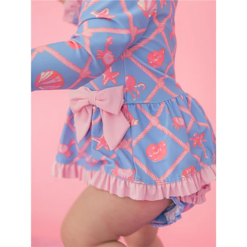 Rufflebutts Girls Tropical Trellis Long Sleeve One Piece Bow Peplum Rash Guard With Zipper - Image 7