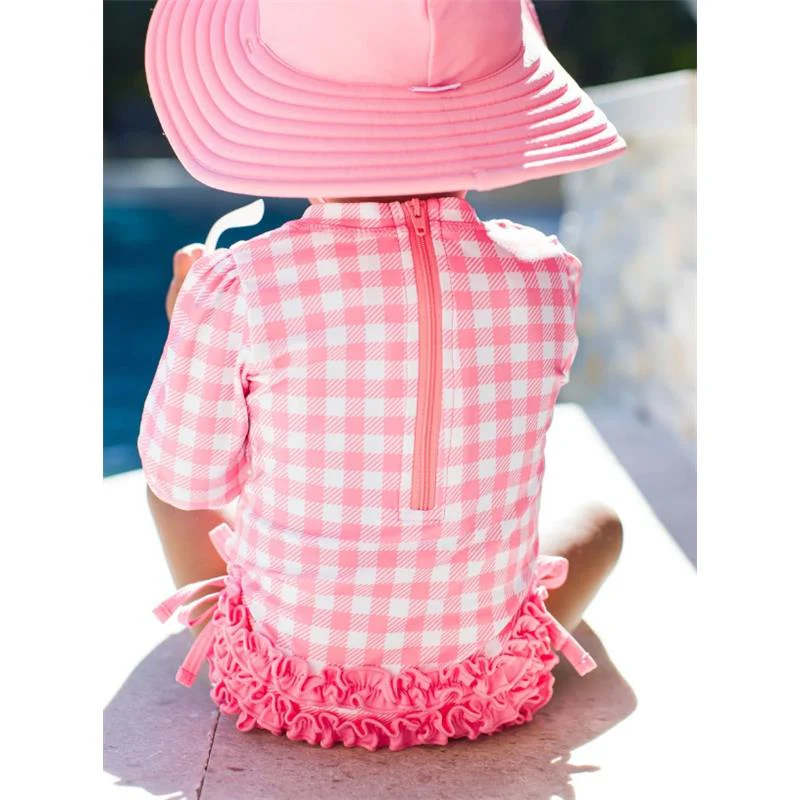 Rufflebutts - Long Sleeve One Piece Rash Guard, Bubblegum Pink - Image 2