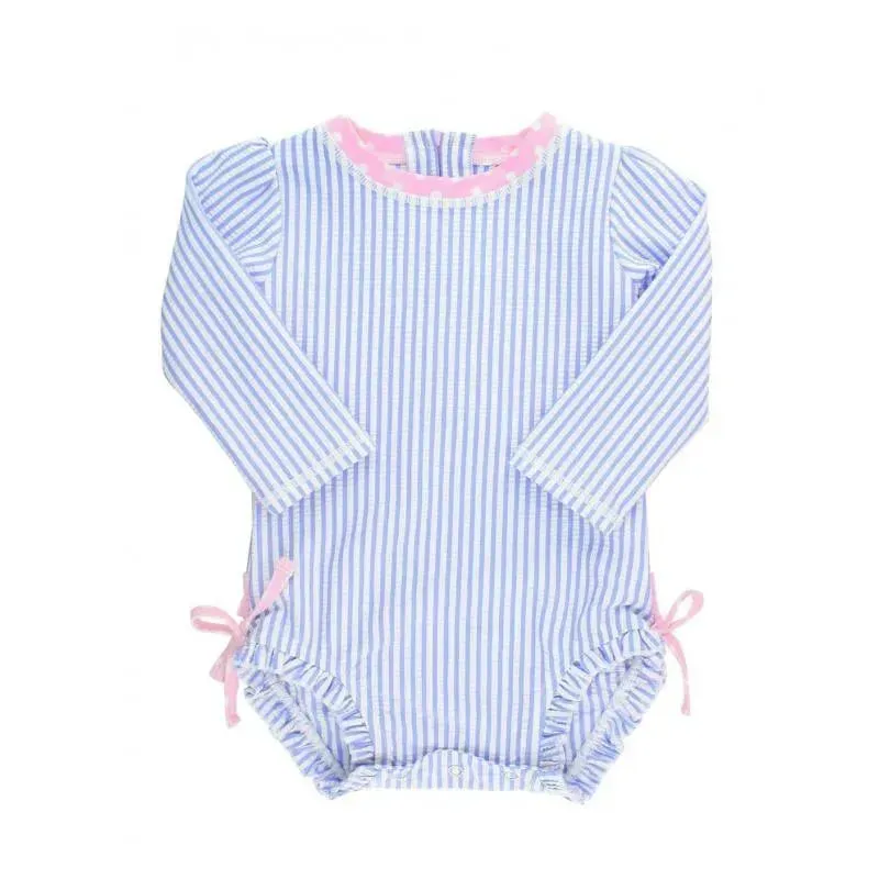Rufflebutts - Periwinkle Blue Seersucker One Piece Rash Guard - Image 2