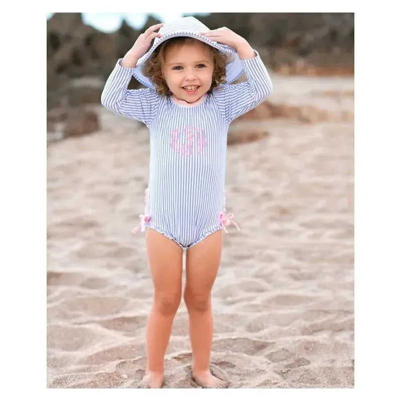 Rufflebutts - Periwinkle Blue Seersucker One Piece Rash Guard - Image 4