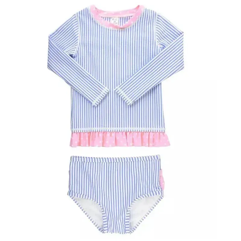Rufflebutts - Periwinkle Blue Seersucker Rash Guard Bikini