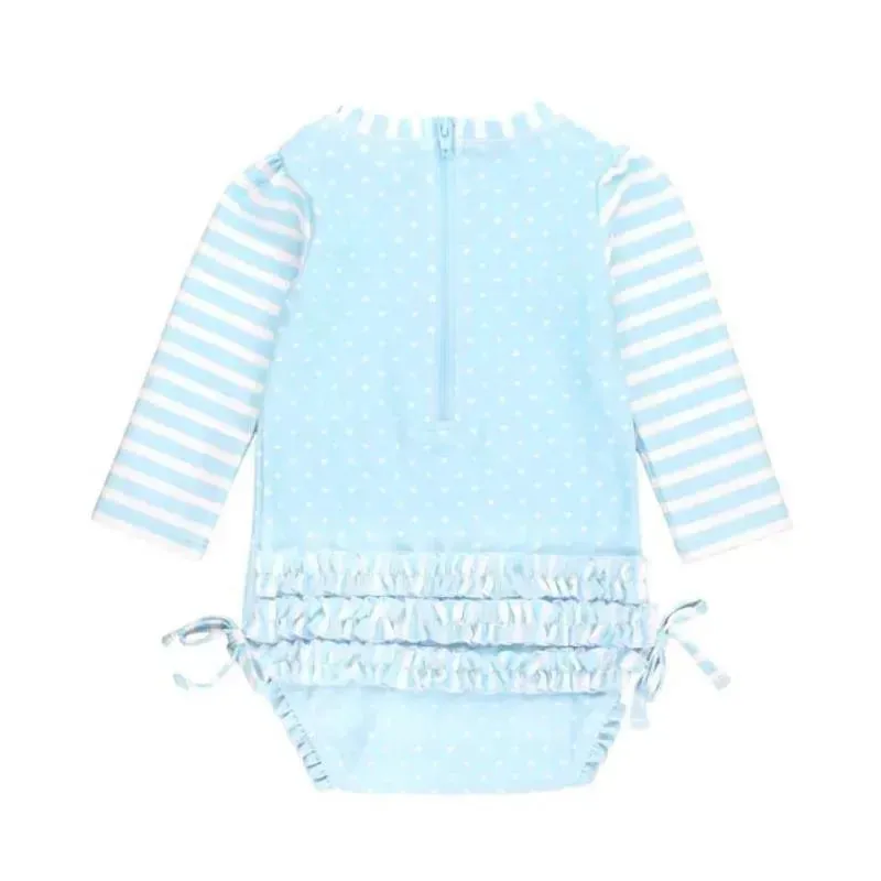 Rufflebutts - Tropical Breeze Heart Polka Dot Long Sleeve Rash Guard, Blue - Image 2