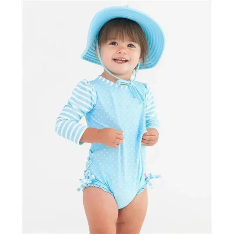 Rufflebutts - Tropical Breeze Heart Polka Dot Long Sleeve Rash Guard, Blue - Image 3