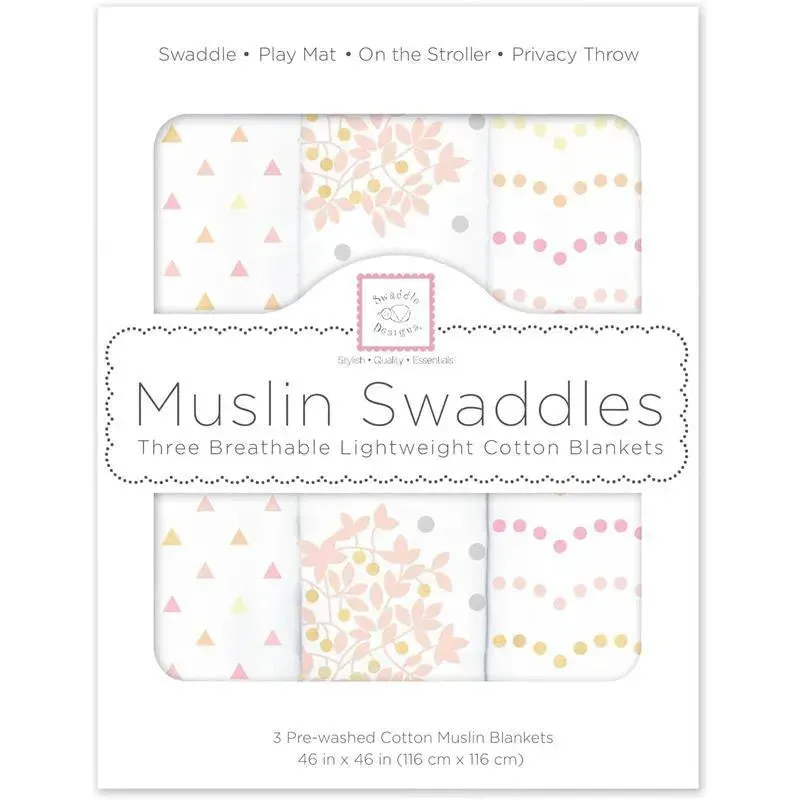 Swaddle Designs - 3Pk Muslin Swaddle Blankets, Floral With Gold Shimmer