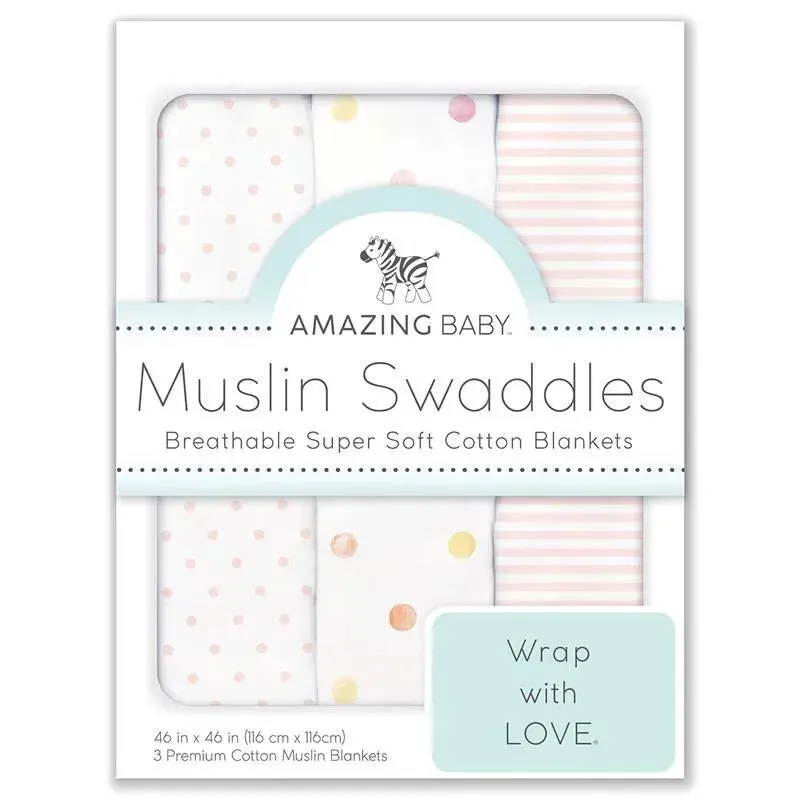 Swaddle Designs - 3Pk Muslin Swaddle Blankets, Pink Party