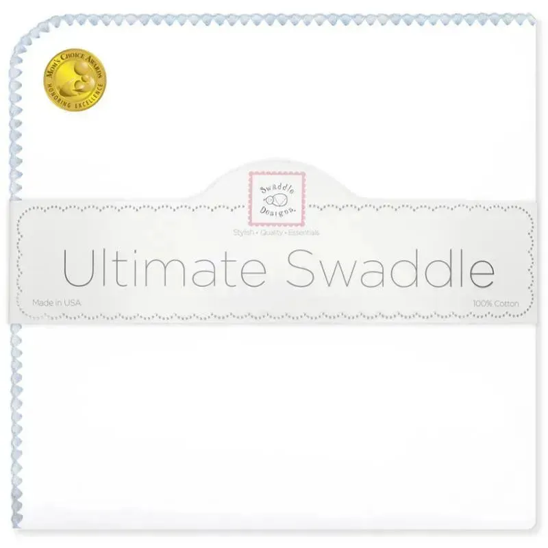 Swaddle Designs - Ultimate Swaddle Blanket, White With Pastel Blue Trim