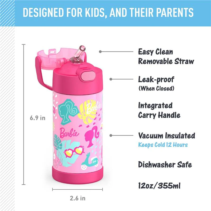 THERMOS - 12Oz Stainless Steel Insulated Straw Bottle, Barbie - Image 3