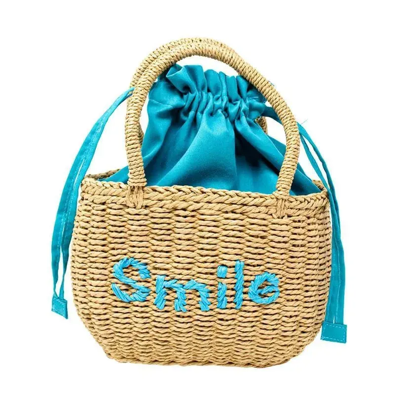 Tiny Treats - Girls Wicker Basket Message Handbag, Smile Teal
