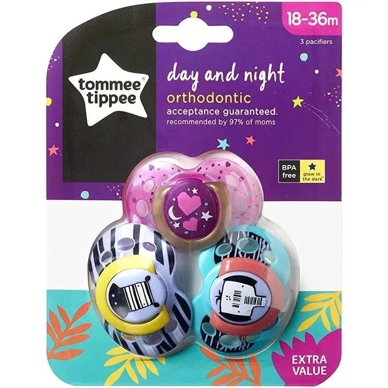 Tommee Tippee - 3Pk Closer To Nature Day And Night Glow-in-the-Dark Pacifiers 18-36M - Colors May Vary