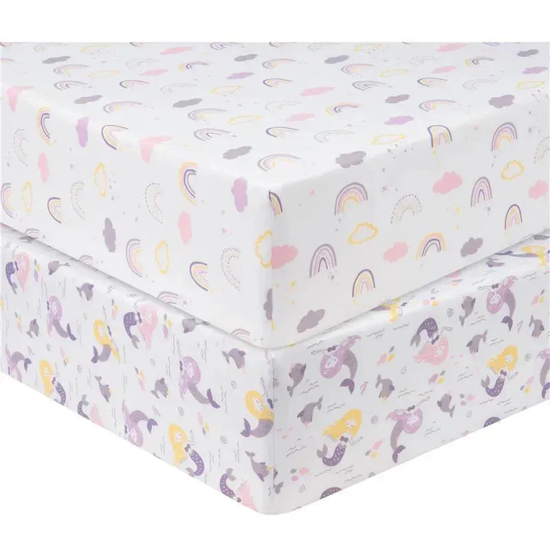 Trend Lab - 2 Pk Microfiber Fitted Crib Sheets, Rainbow/Mermaid