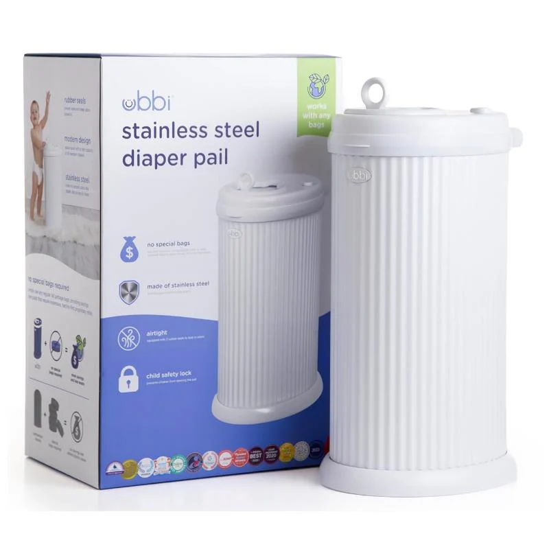 Ubbi Fluted Stainless Steel Diaper Pail, White