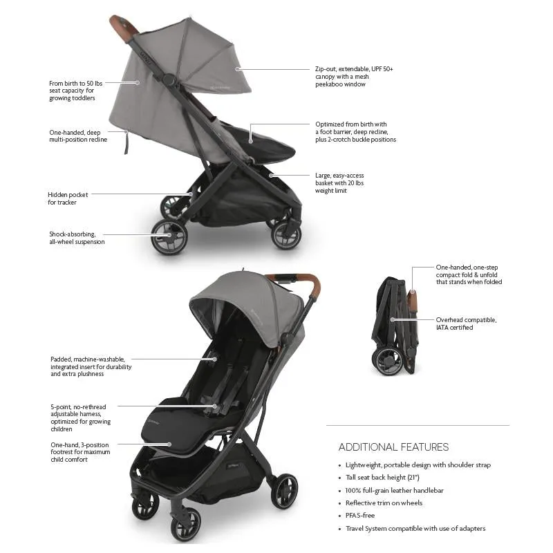 Uppababy - Minu V3 Compact Stroller, Greyson (Charcoal Mélange/Carbon Frame/Saddle Leather) - Image 4