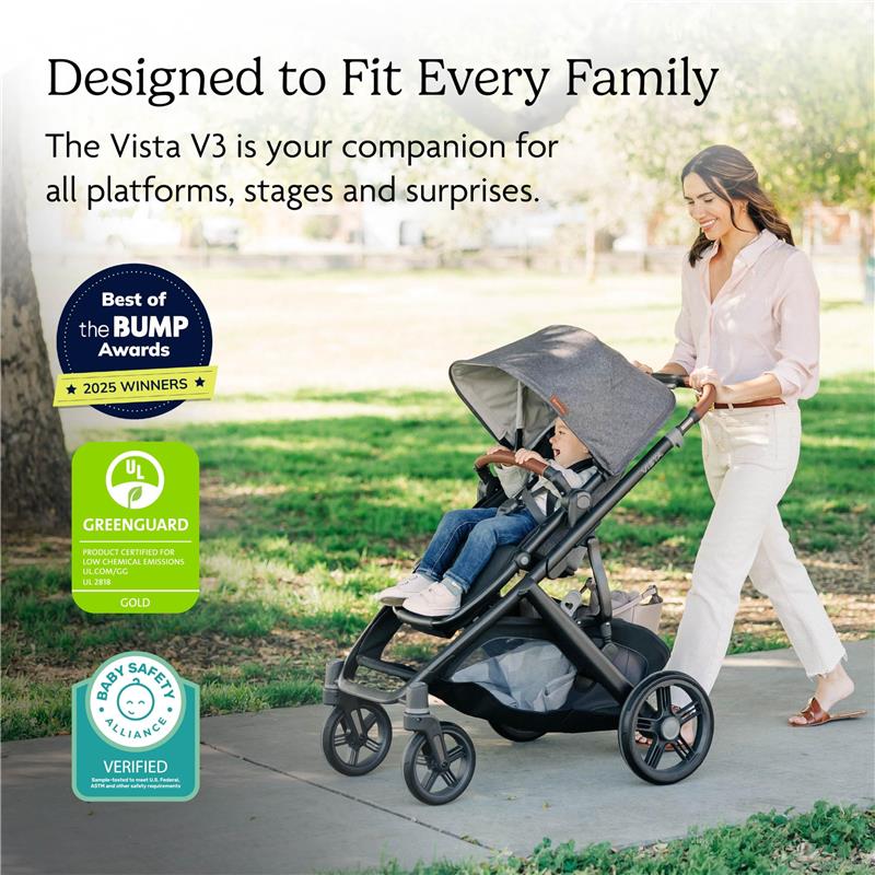 Uppababy - Vista V3 Stroller, Julian (Dusty Blue Mélange/Carbon Frame/Chestnut Leather) - Image 3