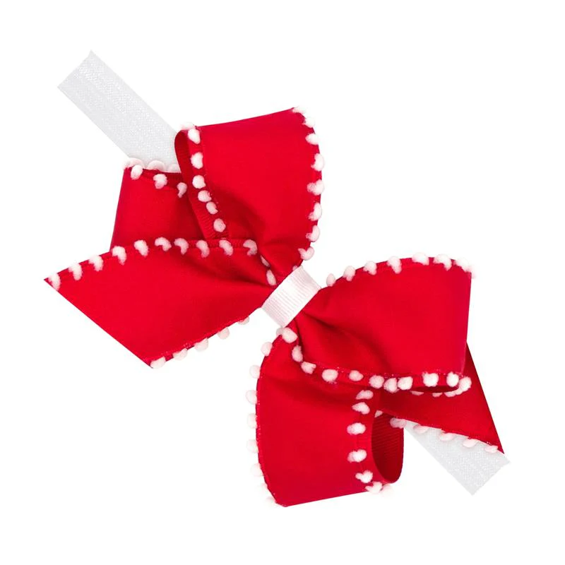 Wee Ones - Baby Girls' Holiday Style Pom-Pom Edge Grosgrain Overlay Hair Bow on Nylon Hair Band