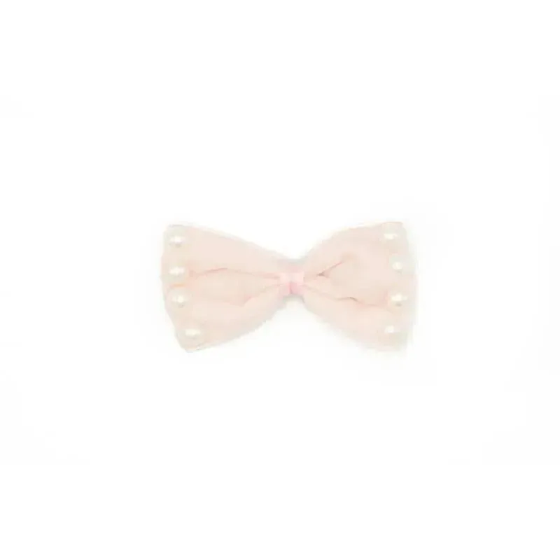 Wee Ones Med Velvet Bowtie Light Pink & Pearls - Image 2