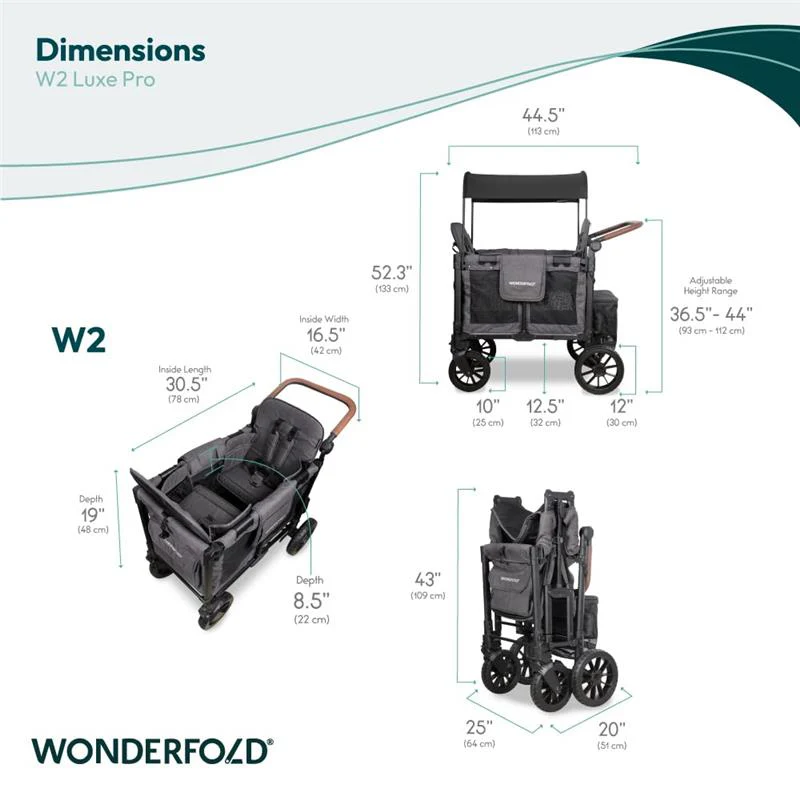 Wonderfold - W2 Luxe Pro Double Stroller For 2 kids, Charcoal Gray - Image 2