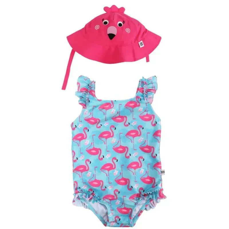 Zoocchini - 2Pk Baby Ruffled Swimsuit & Sun Hat Set, Flamingo