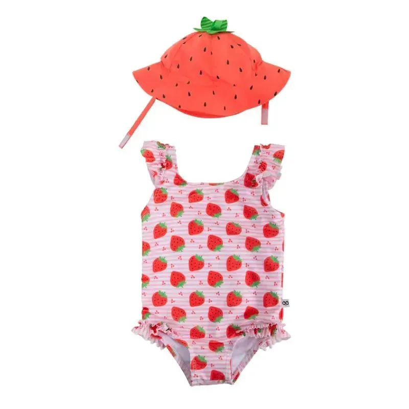 Zoocchini - Baby Ruffled Swimsuit & Sun Hat Set, Strawberry, 6-12M